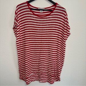 Liz Claiborne Red & White Striped Rhinestone Tee – Size XL